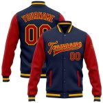 Custom Team Name Number Two Tone Navy Red Gold Bomber Varsity Letterman Full Snap Jacket Personalized Navy Red-Gold Bomber