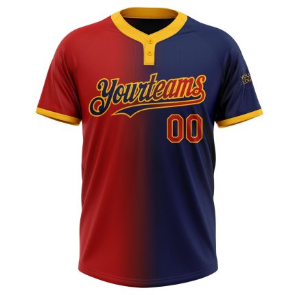 Custom Name Number Two-Button Unisex Softball Jersey in Navy Red-Gold Gradient - Personalized Team Apparel Personalized Navy