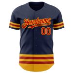 Custom Name and Number Authentic Baseball Jersey in Navy Red Gold Line - Personalized Team Apparel Personalized Navy Red-Gold