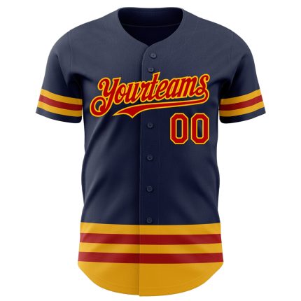 Custom Name and Number Authentic Baseball Jersey in Navy Red Gold Line - Personalized Team Apparel Personalized Navy Red-Gold