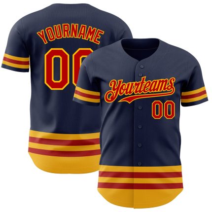 Custom Name and Number Authentic Baseball Jersey in Navy Red Gold Line - Personalized Team Apparel Personalized Navy Red-Gold