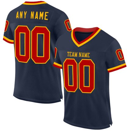 Customizable Throwback Football Jersey with Personalized Name and Number in Navy Red-Gold Mesh Personalized Navy Red-Gold