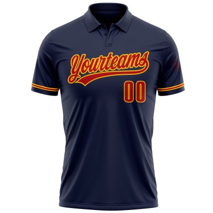 Custom Team Name Number Navy Red Gold Performance Golf Polo Shirt Personalized Navy Red-Gold Performance Vapor Golf Polo