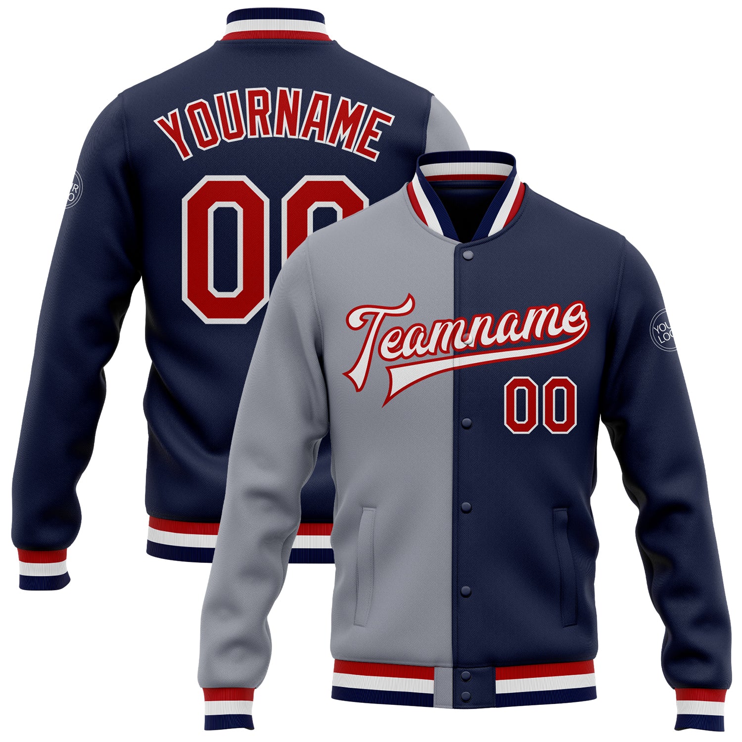 Custom Team Name Number Navy Red Gray Bomber Varsity Letterman Jacket Full-Snap Fashion Personalized Navy Red-Gray Bomber