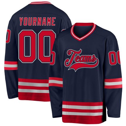 Custom Name and Number Hockey Jersey - Personalized Navy Red-Gray Team Jersey Personalized Navy Red-Gray Hockey Jersey Team