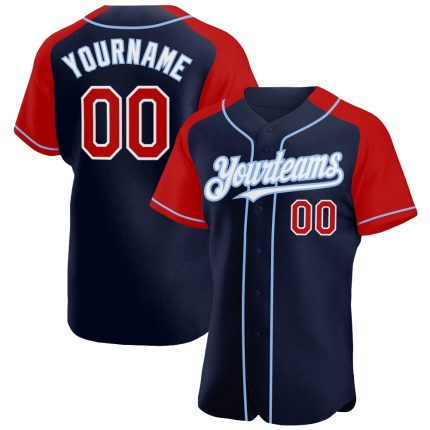Custom Name & Number Baseball Jersey, Personalized Navy Red-Light Blue Authentic Raglan Sleeves Personalized Navy Red-Light