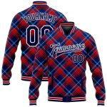 Personalized Navy and Light Blue Checkered 3D Pattern Bomber Varsity Letterman Jacket Personalized Navy Red-Light Blue Check
