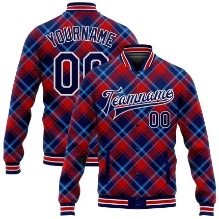 Personalized Navy and Light Blue Checkered 3D Pattern Bomber Varsity Letterman Jacket Personalized Navy Red-Light Blue Check