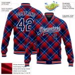 Personalized Navy and Light Blue Checkered 3D Pattern Bomber Varsity Letterman Jacket Personalized Navy Red-Light Blue Check
