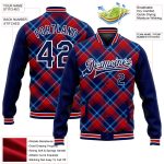 Custom Navy Red-Light Blue Check Varsity Letterman Jacket with 3D Pattern, Full-Snap Design, Personalize Name & Number Personalized