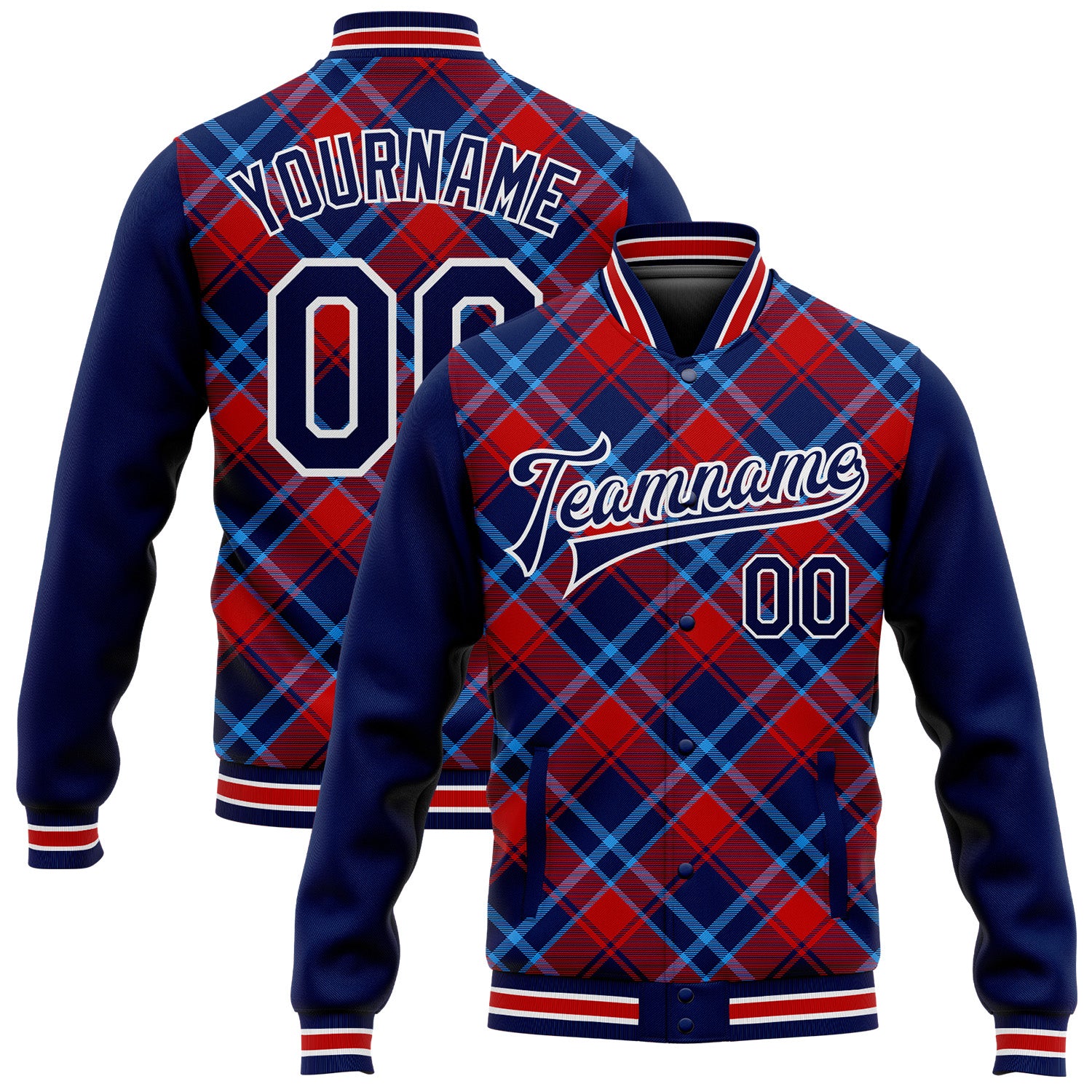 Custom Navy Red-Light Blue Check Varsity Letterman Jacket with 3D Pattern, Full-Snap Design, Personalize Name & Number Personalized