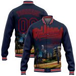 Custom Name Number Los Angeles California City Edition 3D Bomber Varsity Letterman Jacket Navy Red Team Full-Snap Personalized
