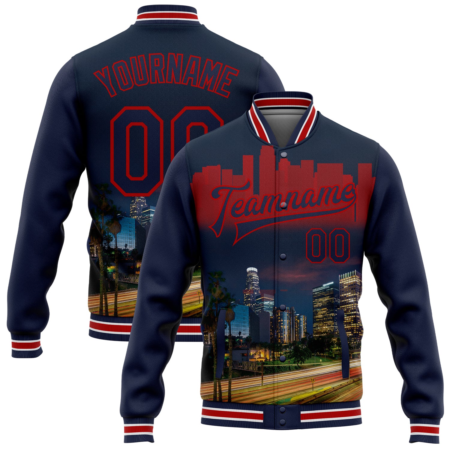 Custom Name Number Los Angeles California City Edition 3D Bomber Varsity Letterman Jacket Navy Red Team Full-Snap Personalized