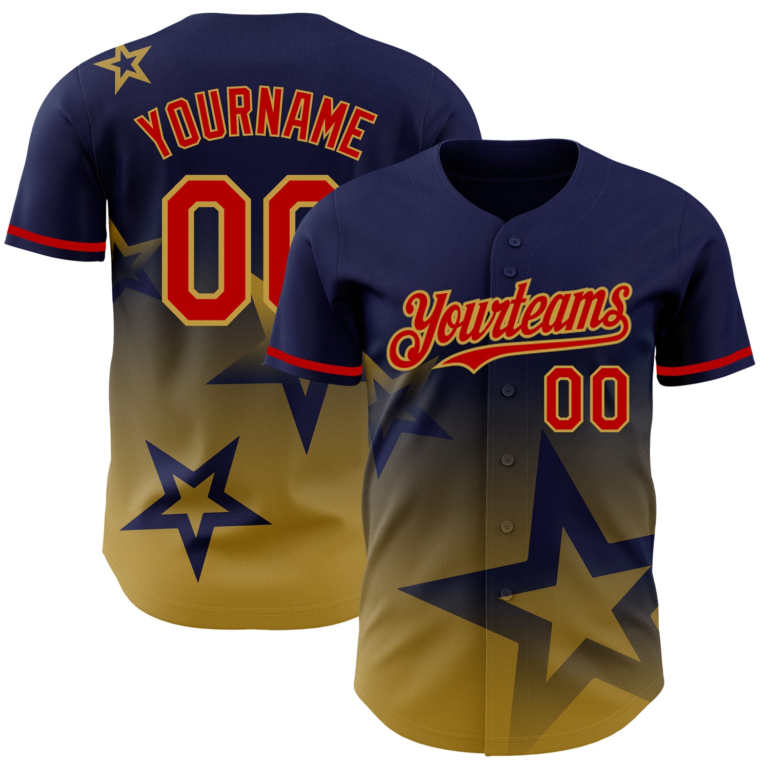 Personalized Gradient Twinkle Star Baseball Jersey with Custom Name and Number - Navy Red-Old Gold 3D Pattern Design Personalized