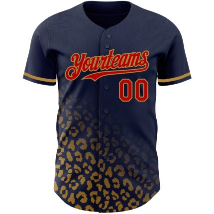 Custom Name and Number Leopard Print Baseball Jersey - Personalized 3D Pattern Design in Navy, Red, and Old Gold Personalized