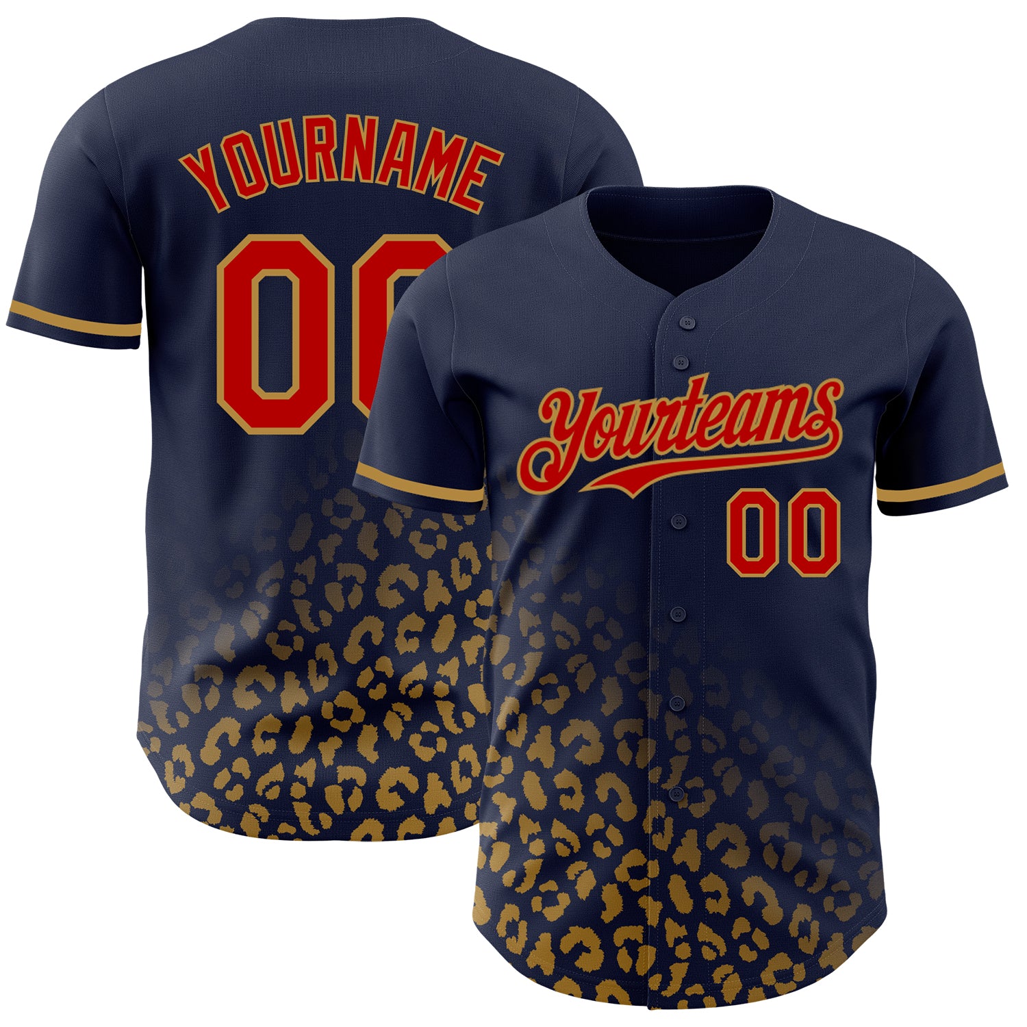 Custom Name and Number Leopard Print Baseball Jersey - Personalized 3D Pattern Design in Navy, Red, and Old Gold Personalized