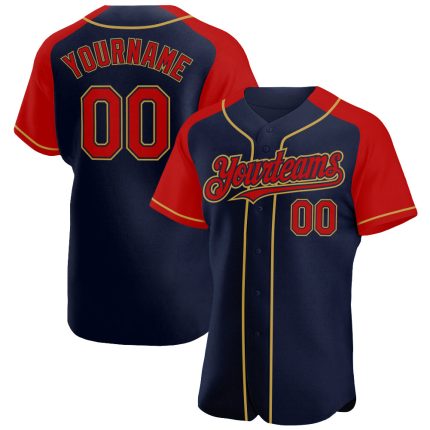 Custom Team Baseball Jersey with Personalized Name and Number - Navy Red Gold Authentic Raglan Sleeves Personalized Navy