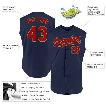 Personalized Sleeveless Baseball Jersey in Navy, Red, and Gold - Authentic Sports Apparel Personalized Navy Red-Old Gold