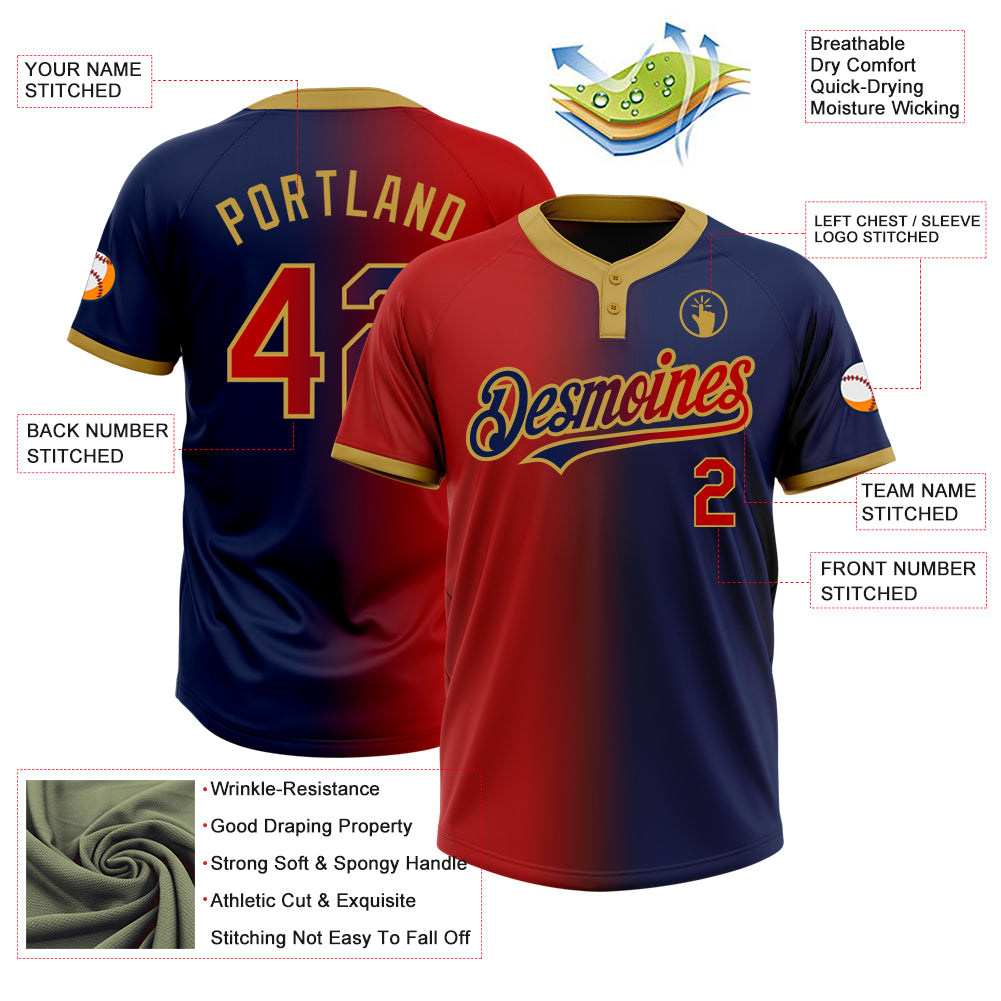 Personalized Navy Red-Old Gold Gradient Fashion Two-Button Unisex Softball Jersey Team Custom Name and Number Custom Name and Number Unisex Softball Jersey - Personalized Navy, Red, and Gold Gradient Two-Button Design Personalized - Image 3