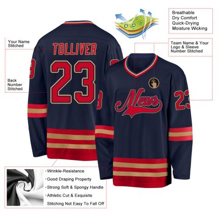 Custom Name and Number Hockey Jersey in Navy Red Old Gold - Personalized Team Apparel Personalized Navy Red-Old Gold Hockey