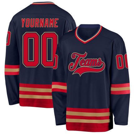 Custom Name and Number Hockey Jersey in Navy Red Old Gold - Personalized Team Apparel Personalized Navy Red-Old Gold Hockey