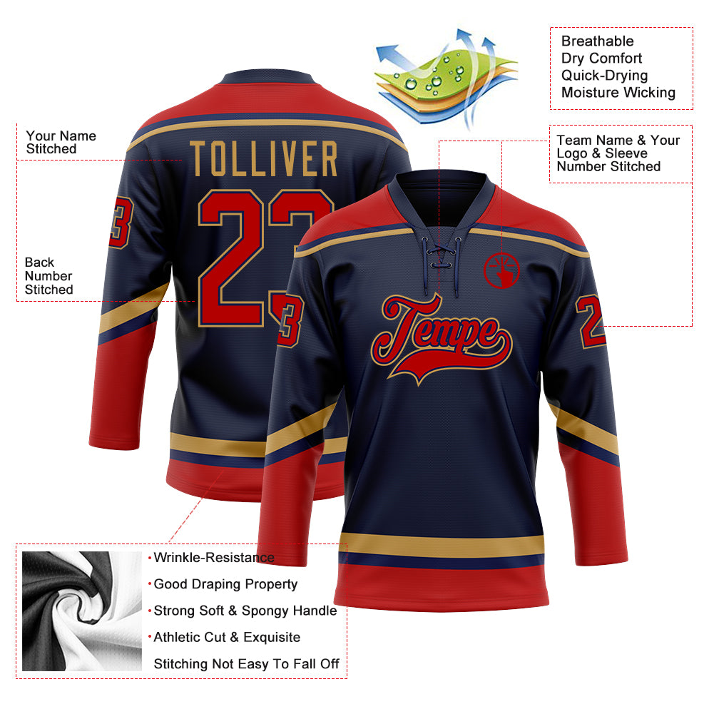 Personalized Navy Red-Old Gold Hockey Lace Neck Jersey Team Custom Name and Number Custom Name and Number Navy Red-Old Gold Hockey Jersey - Personalized Lace Neck Team Gear Personalized Navy Red-Old Gold - Image 3