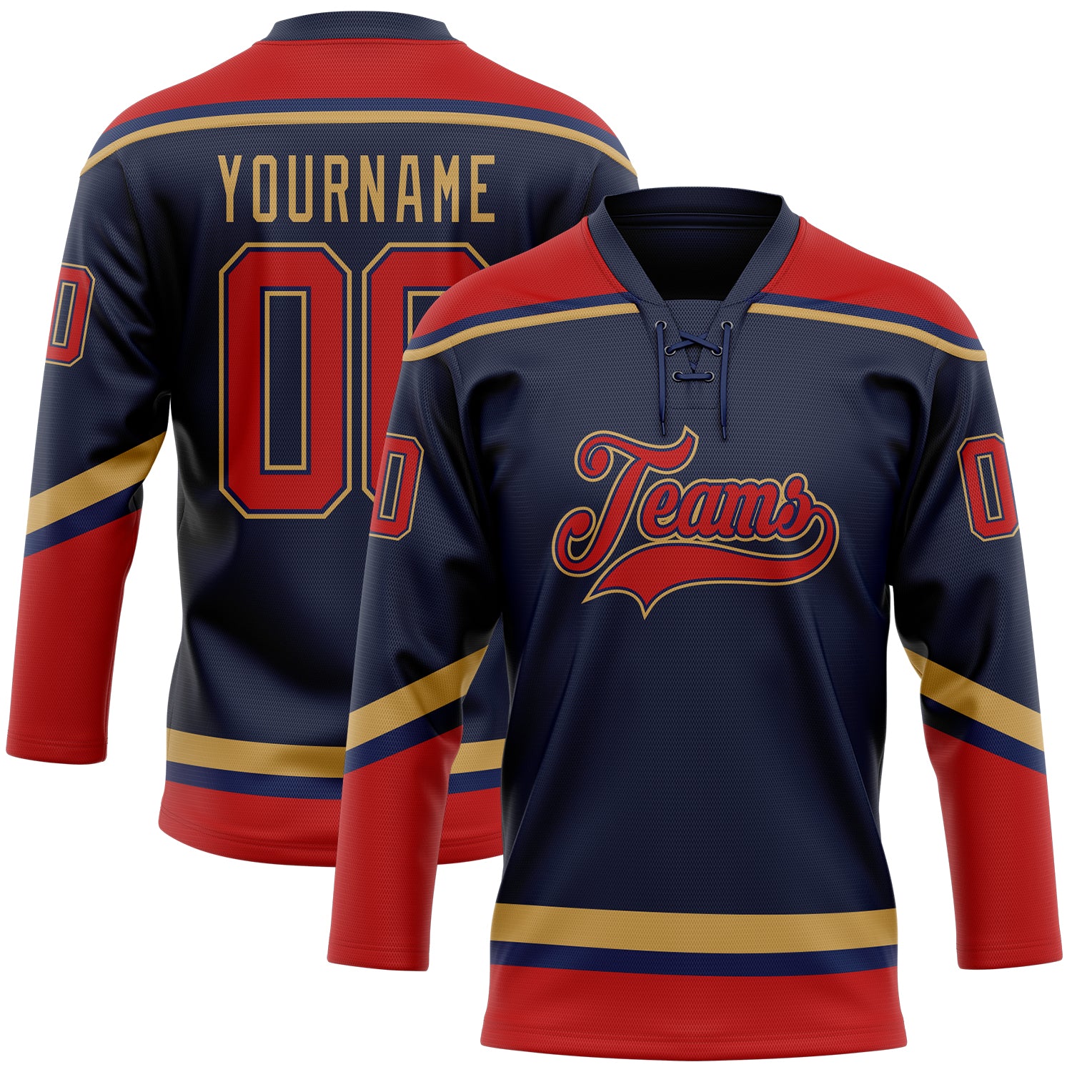 Custom Name and Number Navy Red-Old Gold Hockey Jersey - Personalized Lace Neck Team Gear Personalized Navy Red-Old Gold