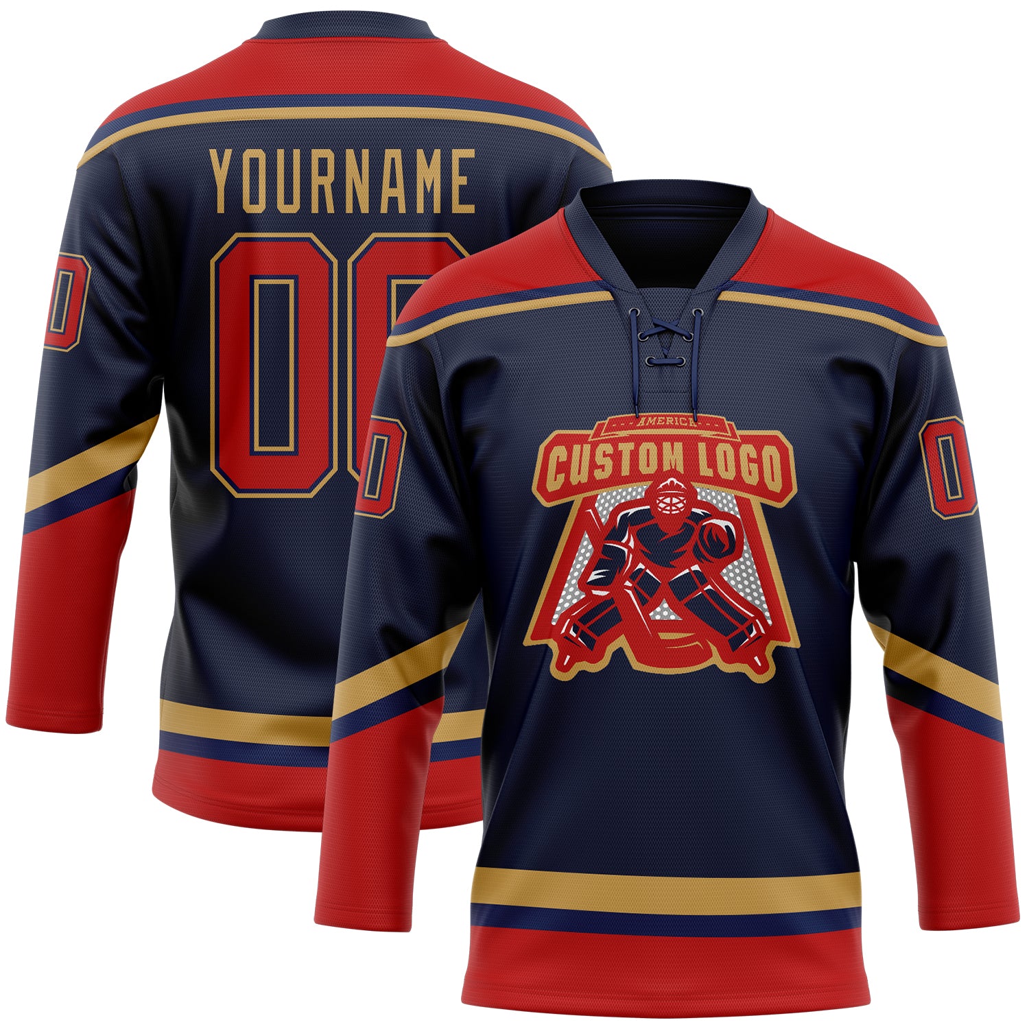 Personalized Navy Red-Old Gold Hockey Lace Neck Jersey Team Custom Name and Number Custom Name and Number Navy Red-Old Gold Hockey Jersey - Personalized Lace Neck Team Gear Personalized Navy Red-Old Gold - Image 2