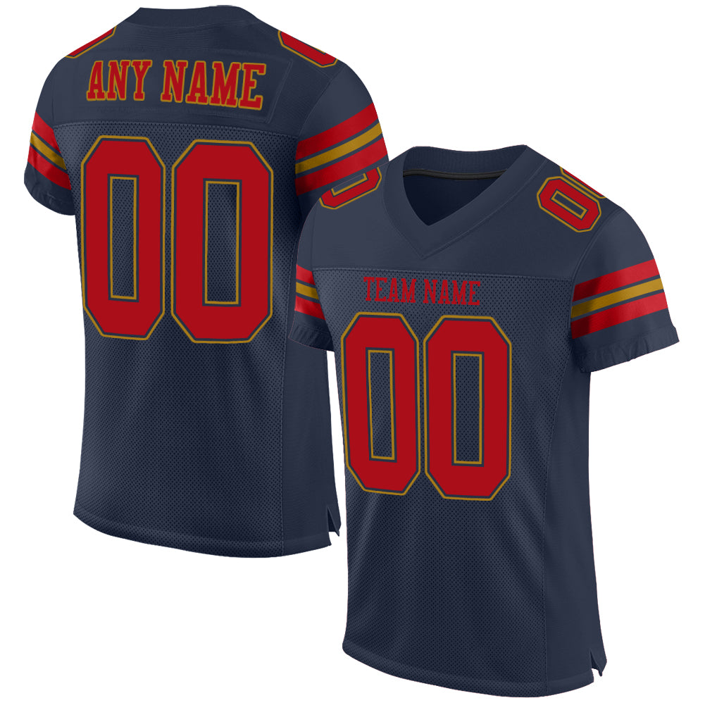 Custom Name & Number Mesh Football Jersey - Personalized Navy Red-Old Gold Team Jersey Personalized Navy Red-Old Gold Mesh