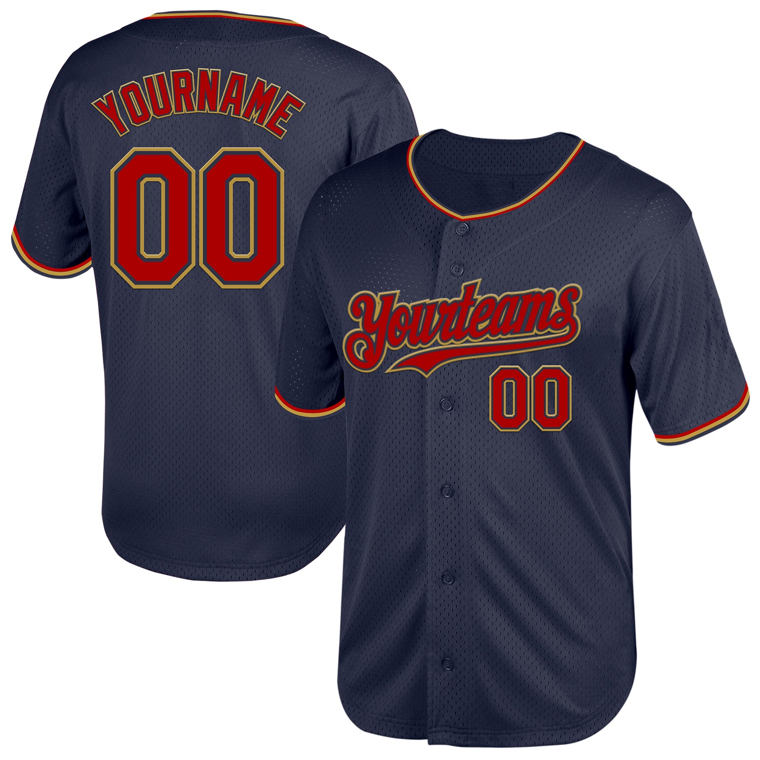 Custom Name and Number Personalized Baseball Jersey - Navy Red Old Gold Mesh Authentic Throwback Team Jersey Personalized