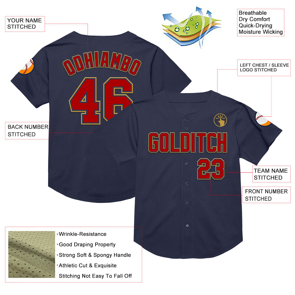 Personalized Navy Red-Old Gold Mesh Authentic Throwback Baseball Jersey Personalized Throwback Baseball Jersey in Navy Red and Old Gold Mesh, Customizable Design, Perfect for Fans Personalized - Image 3