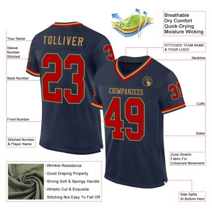 Personalized Custom Name and Number Throwback Football Jersey - Navy Red Old Gold Mesh Team Jersey Personalized Navy Red-Old