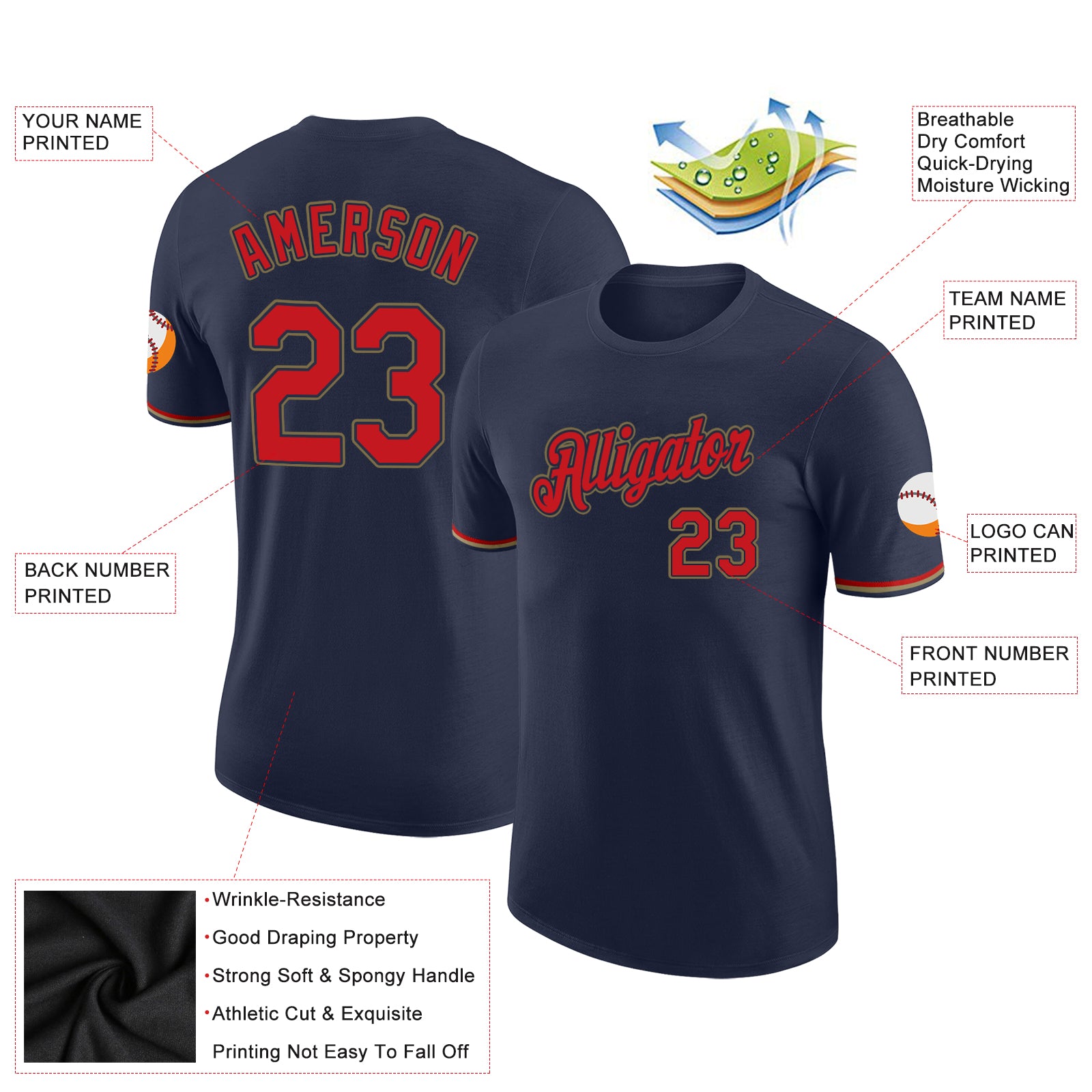 Personalized Navy Red-Old Gold Performance T-Shirt Team Custom Name and Number Custom Team Performance T-Shirt with Personalized Name and Number - Navy, Red, Old Gold Personalized Navy Red-Old Gold Performance - Image 2