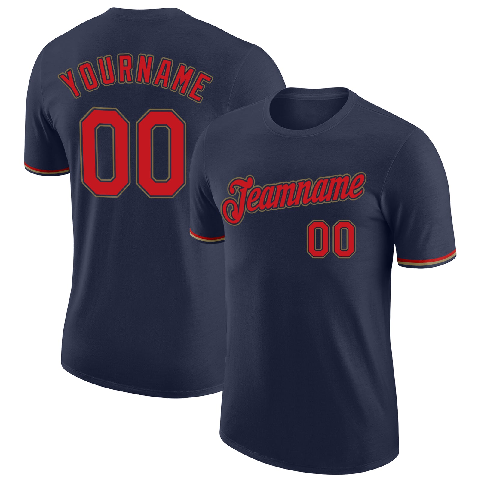 Custom Team Performance T-Shirt with Personalized Name and Number - Navy, Red, Old Gold Personalized Navy Red-Old Gold Performance