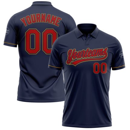 Custom Team Name Number Performance Polo Shirt Navy Red Gold Golf Personalized Navy Red-Old Gold Performance Vapor Golf Polo