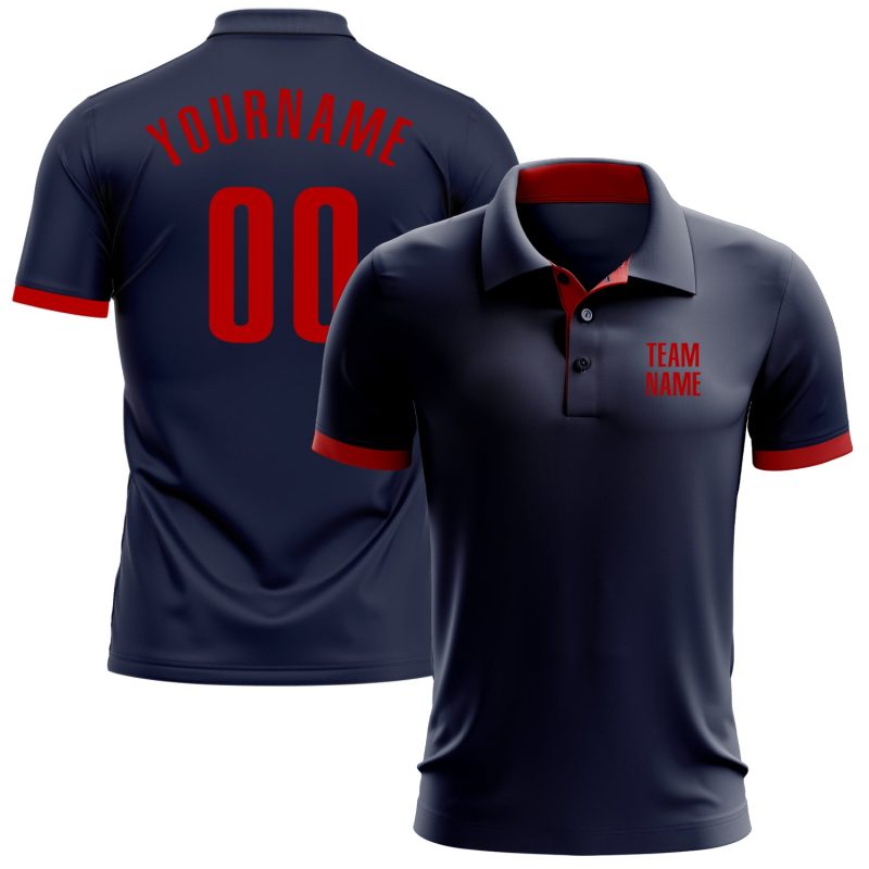 Custom Team Name and Number Performance Golf Polo Shirt - Personalized Navy Red Design Personalized Navy Red Performance