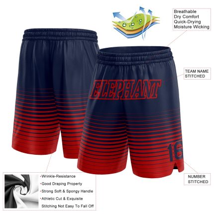 Custom Authentic Basketball Shorts with Personalized Name and Number - Navy Red Pinstripe Fade Design Personalized Navy Red