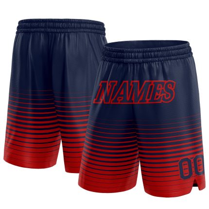 Custom Authentic Basketball Shorts with Personalized Name and Number - Navy Red Pinstripe Fade Design Personalized Navy Red