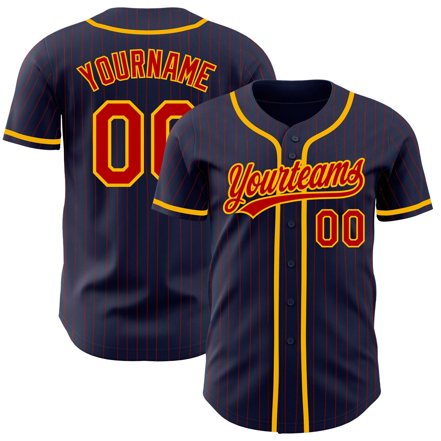 Custom Name Number Baseball Jersey - Personalized Navy Red Pinstripe Gold Authentic Design Personalized Navy Red Pinstripe