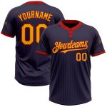 Custom Name and Number Gold Unisex Softball Jersey - Personalized Navy Red Pinstripe Two-Button Design Personalized Navy