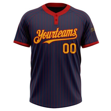 Custom Name and Number Gold Unisex Softball Jersey - Personalized Navy Red Pinstripe Two-Button Design Personalized Navy