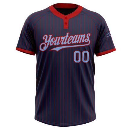 Custom Name Number Two-Button Unisex Softball Jersey - Personalized Navy Red Pinstripe Light Blue Design Personalized Navy
