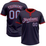 Custom Name Number Two-Button Unisex Softball Jersey - Personalized Navy Red Pinstripe Light Blue Design Personalized Navy