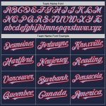 Custom Name Number Two-Button Unisex Softball Jersey - Personalized Navy Red Pinstripe Light Blue Design Personalized Navy
