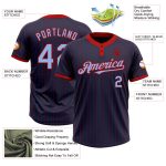 Custom Name Number Two-Button Unisex Softball Jersey - Personalized Navy Red Pinstripe Light Blue Design Personalized Navy