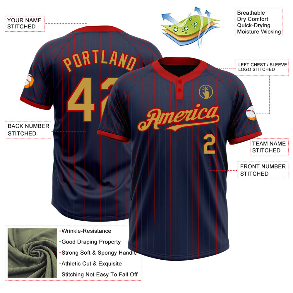 Personalized Navy Red Pinstripe Old Gold Two-Button Unisex Softball Jersey Team Custom Name and Number Custom Unisex Softball Jersey Personalized with Name and Number - Navy Red Pinstripe Old Gold Two-Button Design Personalized - Image 3