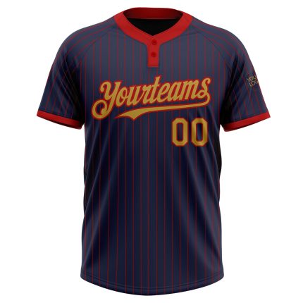 Custom Unisex Softball Jersey Personalized with Name and Number - Navy Red Pinstripe Old Gold Two-Button Design Personalized