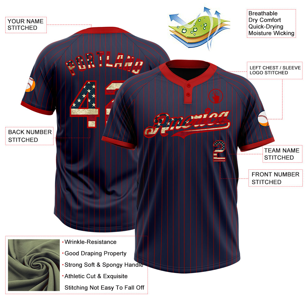 Personalized Navy Red Pinstripe Vintage USA Flag Two-Button Unisex Softball Jersey Team Custom Name and Number Custom Name Number Vintage Pinstripe USA Flag Softball Jersey Unisex Two-Button Navy Red Personalized Navy Red Pinstripe - Image 3