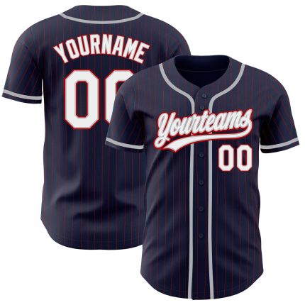 Custom Personalized Authentic Baseball Jersey - Navy Red Pinstripe with Name and Number - White Gray Personalized Navy Red