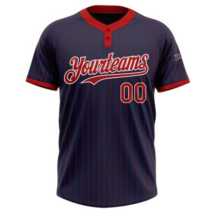 Personalized Unisex Softball Jersey - Navy Red Pinstripe Two-Button Design Personalized Navy Red Pinstripe White Two-Button